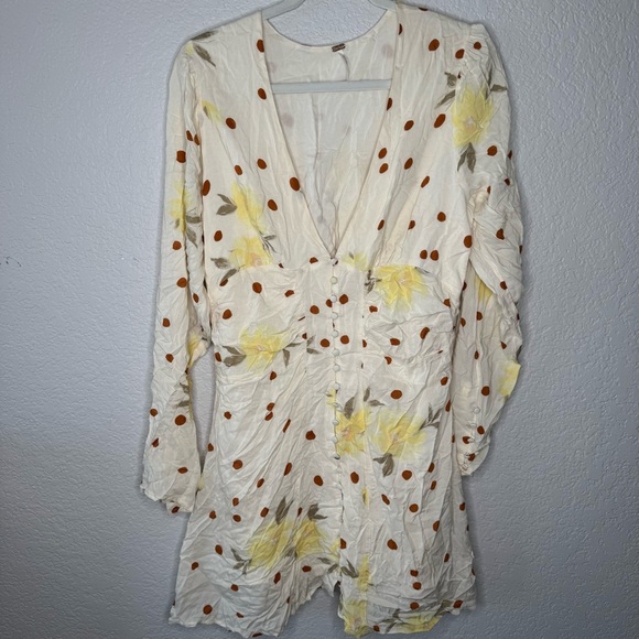 Free People Date Night Mini Dress Sunshine Combo Polka Dot Long Sleeve - Picture 2 of 8